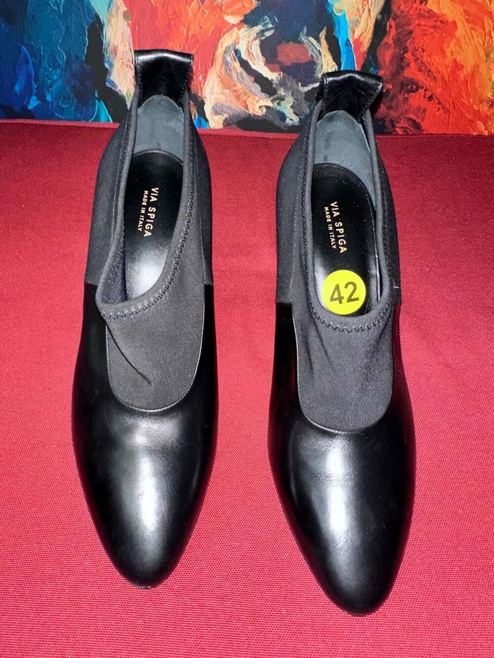 No.42 Via Spiga Black Leather and Stretch Ankle Booties with Block Heels